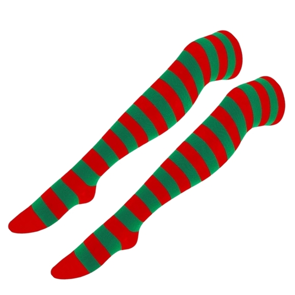 Over the Knee Christmas Striped Elf Socks Red and Green Stripes OTK Thigh High - Picture 6 of 9